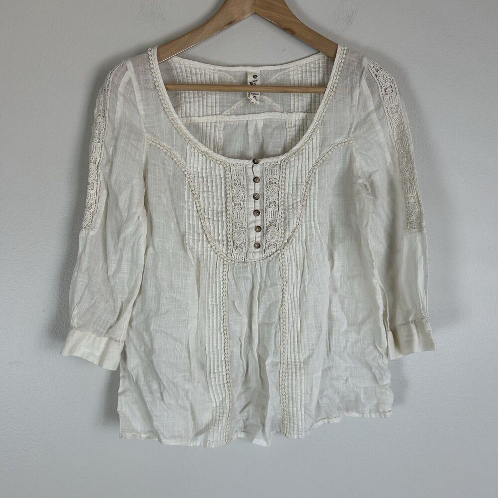 Anthropologie 4 S Antique White Top Blouse Crochet Pintuck Ivory Eclectic Boho